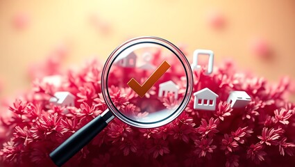  A magnifying glass with checkmark surrounded by business icon, symbolizing quality assurance, compliance, and certification. certified documen