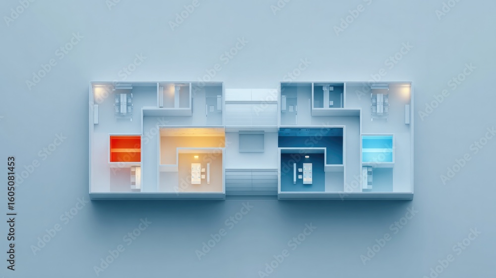 Poster drone top-down view of open-plan office with individuals lit by colored overlays symbolizing differe