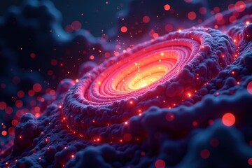 Abstract data streams, swirling particles, glowing core , orange, purple