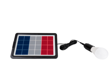 A solar panel with a French flag on a transparent background is connected to a white LED light bulb, illustrating sustainable energy and green solutions for France