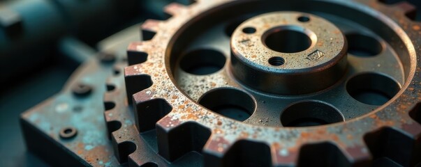Close-up of a metallic gear, showing wear and grime , industrial, iron