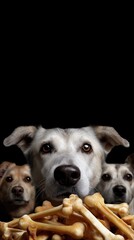 Obraz premium Curious dogs anticipating treats with pile of bones against black background