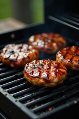 Close-up black BBQ grill, intricate details, textured surface, cooking, clean