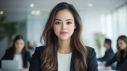 Businesswoman Looks Confident. Female portrait for marketing, web, and design. Team meeting in background. Confident, professional, corporate, modern.