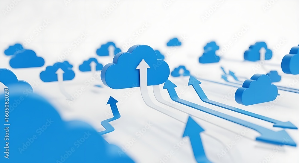 Poster blue cloud icons with arrows pointing upwards on a white background representing cloud computing