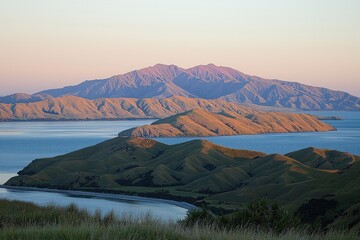 Naklejka premium Coastal mountains at dawn bathed in soft light.