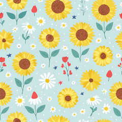 Cute seamless floral pattern with hand-drawn sunflowers, tulips, and daisies on a light blue background. Perfect for fabric, stationery, wallpapers, wrapping paper, bedding, textile design
