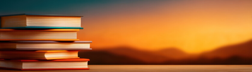 Back to School, Stack of books on wooden table with warm sunset background creating calm back to school atmosphere
