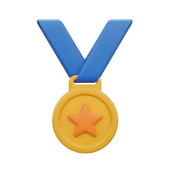 Golden medal with blue ribbon isolated on transparent background