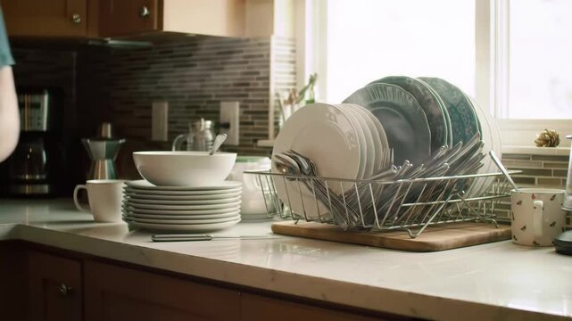 Efficient dish organizing in a modern kitchen setting with natural light