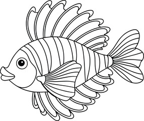 Tropical lionfish illustration in cute outlined style for children coloring books and fun learning