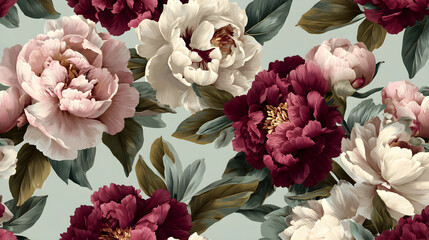 Elegant Peony Tile Design: Blush Pink & Burgundy Blooms with Olive Leaves on Mint