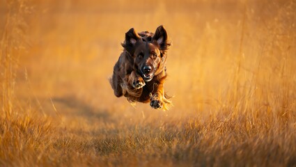 Energetic german shepherd dog running through dry grass field