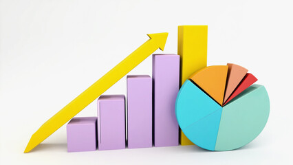 Colorful Chart Showing Growing Business with Yellow Arrow on White Background, Business Growth 3d