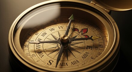 "Vintage Compass Needle Pointing North on Dark Moody Background – Close-Up View"

