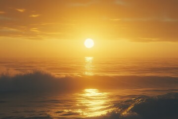 Golden sunset casts warm hues over tranquil ocean waters in serene evening atmosphere, Big golden sunset over the ocean