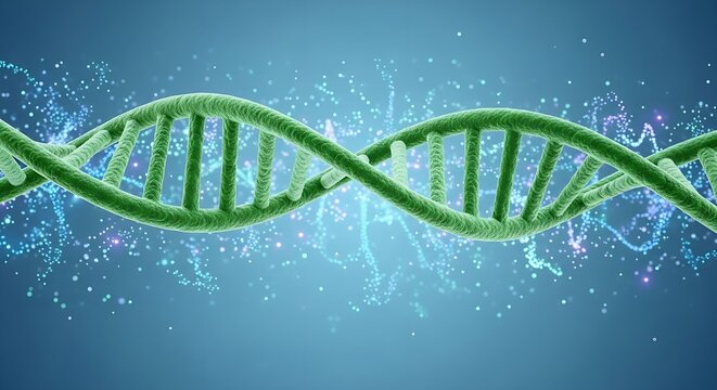 A green dna double helix structure with blue background and glowing particles around it - Powered by Adobe