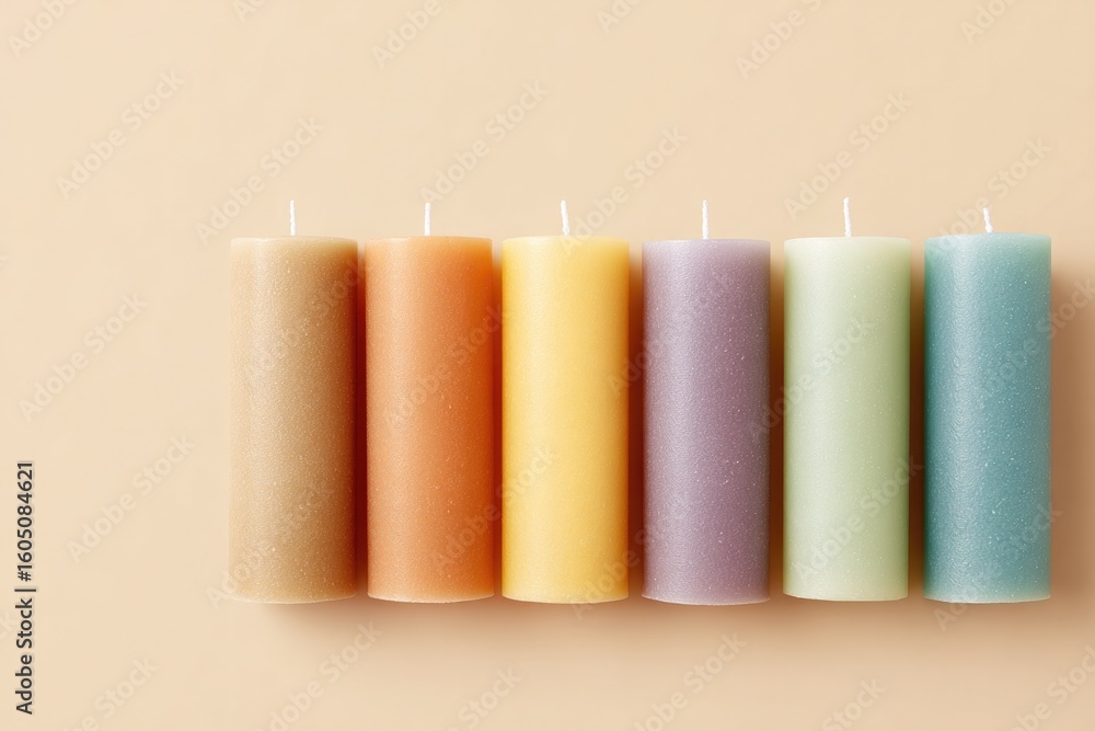 Poster flat lay of colorful candles arranged neatly on beige background with space for copy above