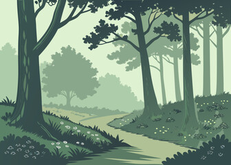 Serene forest path with wildflowers and trees nature