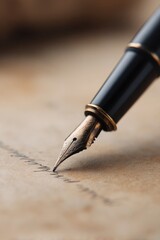 Fototapeta premium elegant calligraphy pen writing flowing ink on parchment focus on nib contact point macro
