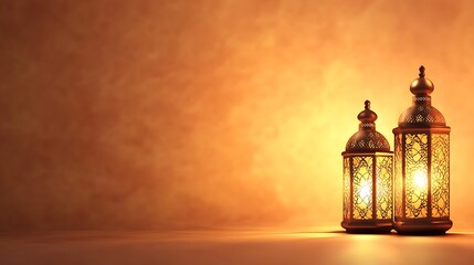 Fototapeta premium Two ornate lanterns casting warm light on a textured background