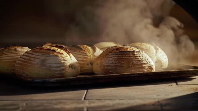 Freshly baked bread steam rising from oven tray in artisan bakery setting