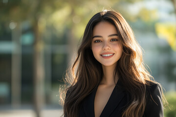 Young woman smiles outdoors. Ideal for business, web design, and marketing.