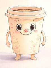 a cute animated coffee cup with human-like features, adorned with delicate flowers and a smile, symbolizing joy and coziness