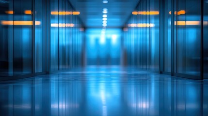 Empty office corridor with glass walls at twilight.