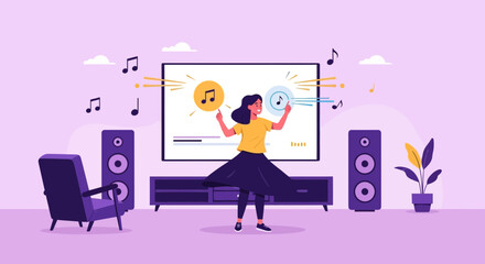 Cheerful Girl Dances To Music At Home Enjoying Leisure And Entertainment