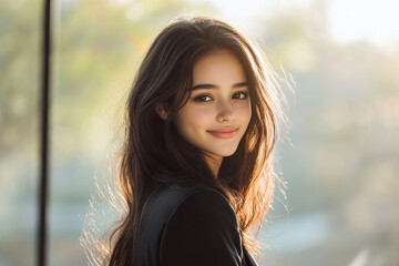 Young woman smiles softly, looking over shoulder. Image ideal for beauty, lifestyle, or fashion use.