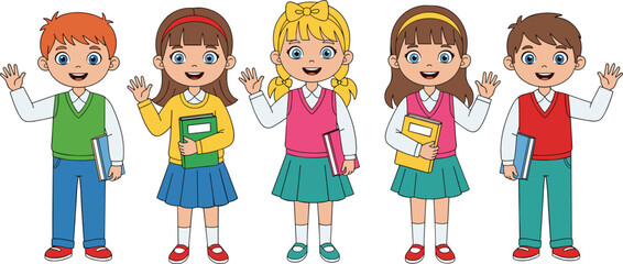 Happy school children waving, holding books, cartoon students group, smiling kids in uniform, education vector, back to school illustration