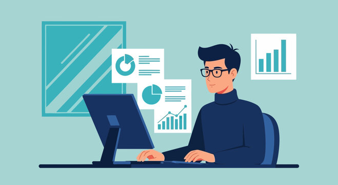 Analyzing Business Data On Computer For Strategic Growth Strategy Vector Illustration