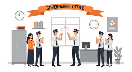 Fototapeta premium Animated Government Employees Cheering a Successful Deal Within Modern Office