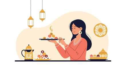 Elegant Woman Serving Sweets During Festive Occasion Featuring Decorative Lanterns