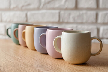 Set of pastel ceramic mugs on wooden table with white brick wall, minimalist kitchen decor, Scandinavian style, colorful morning coffee cup collection

