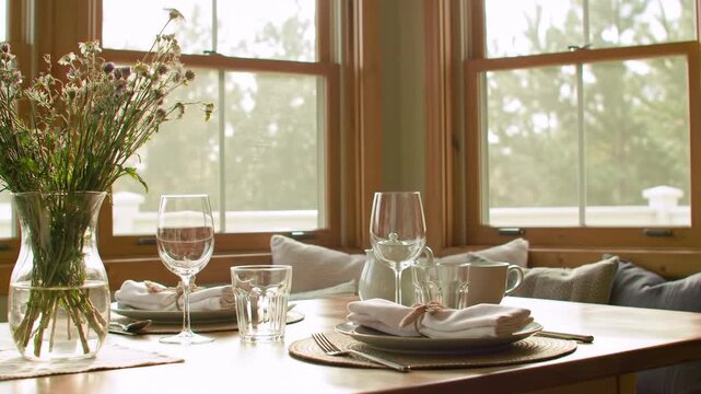 Sunlit dining table with fresh flowers and elegant table setting by large windows