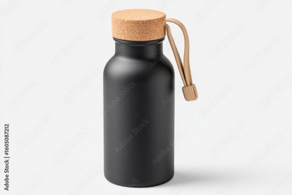 Poster basic water flask with cork top and strap placed at angle on white with clean shadow and copy space