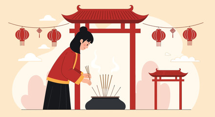 Cultural Rituals With Incense At A Traditional Chinese Festival Or Temple