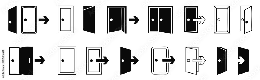 Poster collection of door opening and closing icons in various styles with arrows indicating direction
