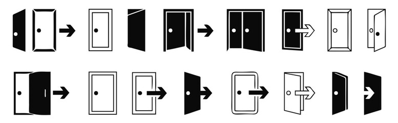Collection of door opening and closing icons in various styles with arrows indicating direction