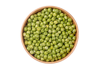 Top view of a bowl filled with fresh green peas on a white background