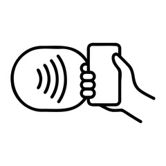 Hand holding a phone near a contactless payment symbol indicating wireless communication technology usage
