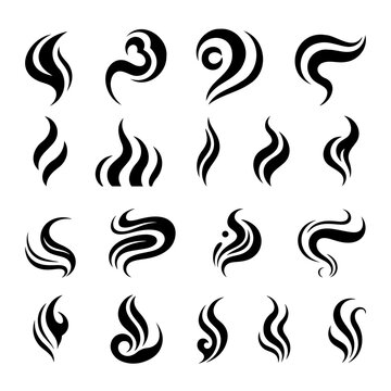 Collection of sixteen stylized black smoke or steam designs with varying shapes and orientations on white