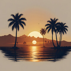 Scenic Island Sunset with Palm Trees and Ocean Reflection