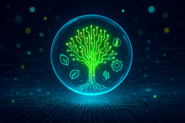Futuristic eco AI tree inside digital holographic sphere, symbolizing green computing, sustainability, and smart innovation