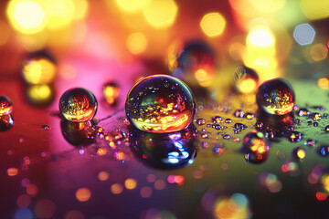 Close-up macro shot of droplets containing different flavor oils on glass slide, each droplet reflecting different colored lights