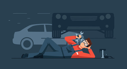 Naklejka premium Auto Mechanic Man Repairing Vehicle Underneath Automotive Service Occupation