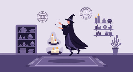 Enchanting Witch Casting a Spell in a Mystical Interior Illustration