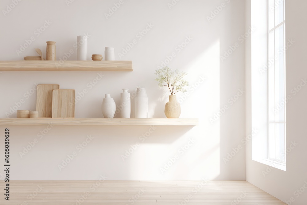 Poster elegant minimalistic interior showcasing open shelves with few items perfect clean image with copy s